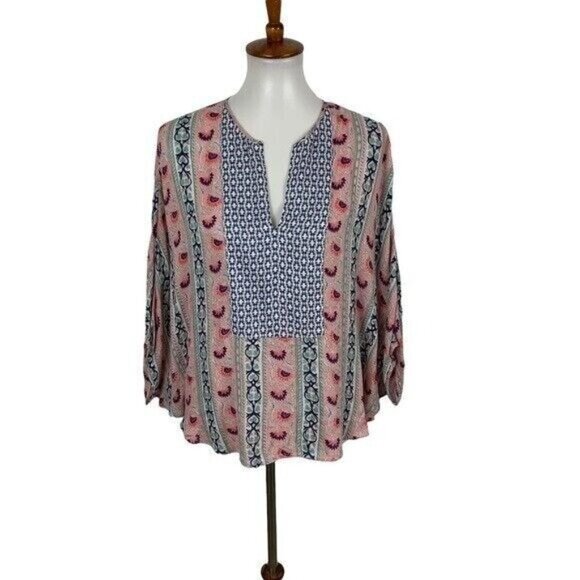 BCBGMAXAZRIA Boho Peasant Blouse Small Pink Blue Paisley Festival Flowy Tunic - Picture 1 of 4